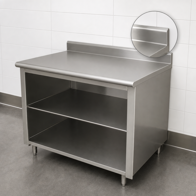 Product image #4 for Advance Tabco 72-Inch x 24-Inch 14-Gauge 304 Stainless Steel Work Table with Open Front Cabinet Base, Mid-Shelf, and 5-Inch Backsplash