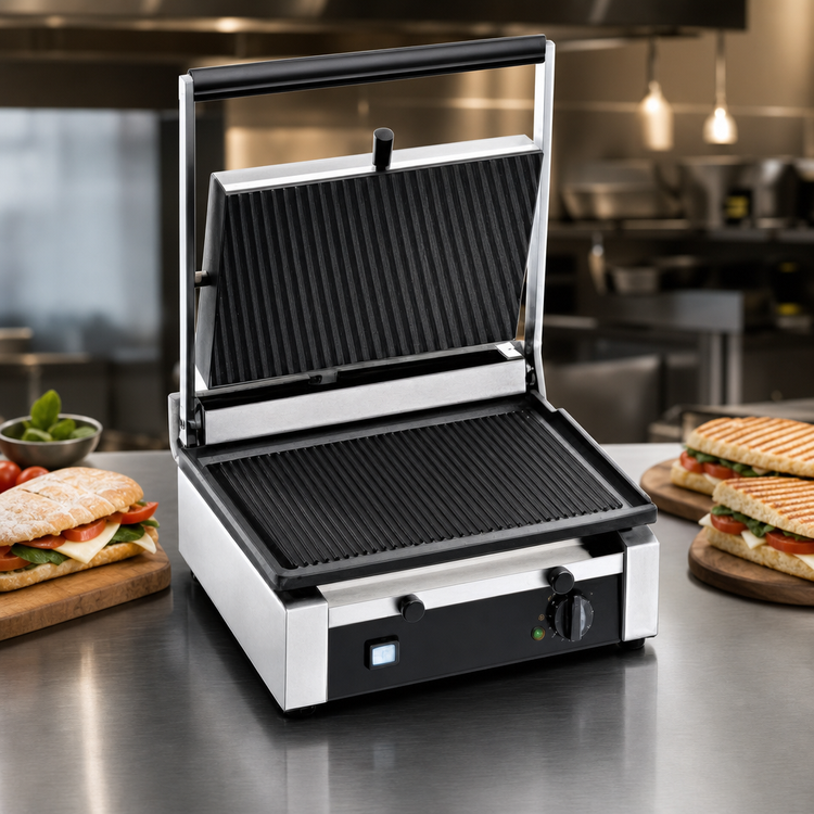 Product image #4 for Eurodib Commercial Single Panini Grill with Ribbed Cast Iron Plates, 14.5 x 10 Inch, 110V
