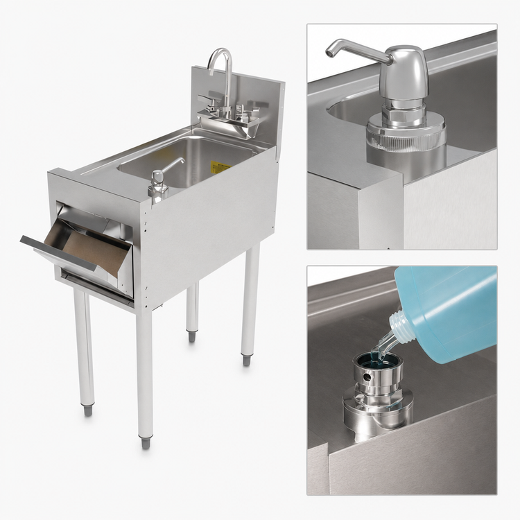 Product image #5 for Perlick Top Shelf 12-Inch Full-Depth Freestanding Underbar Hand Sink with Integrated Soap and Paper Towel Dispensers