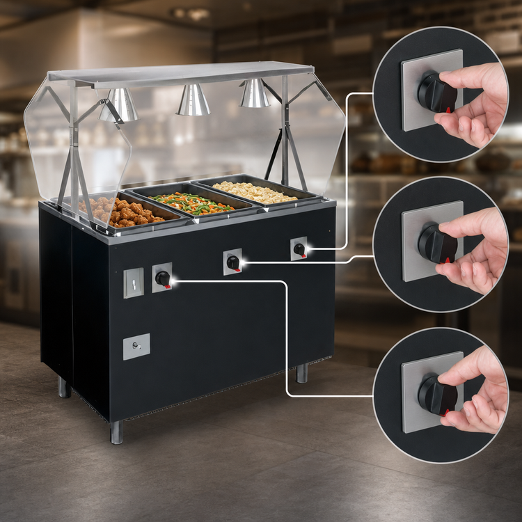 Product image #4 for Vollrath 2-Series Affordable Portable Deluxe 3-Well Mobile Hot Food Station with Buffet Style Breath Guard