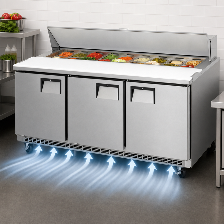 Product image #4 for Everest Refrigeration EPBNR3 Three-Section Back-Mounted Sandwich Prep Table with 18 1/6-Size Pan Opening, 71-1/8" W, 19 Cu. Ft.