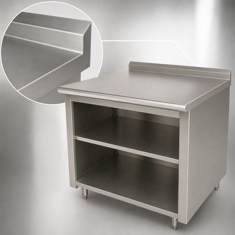 Product image #4 for Advance Tabco 108 Inch x 30 Inch Open Front Cabinet Base Work Table with Mid-Shelf, 14 Gauge 304 Stainless Steel Top and 1-1/2 Inch Rear Up-Turn