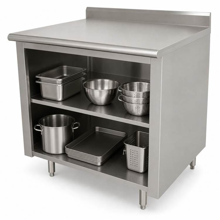 Product image #4 for Advance Tabco 84-Inch x 30-Inch 304 Stainless Steel Work Table with Open Front Cabinet Base, Mid-Shelf, and 5-Inch Backsplash