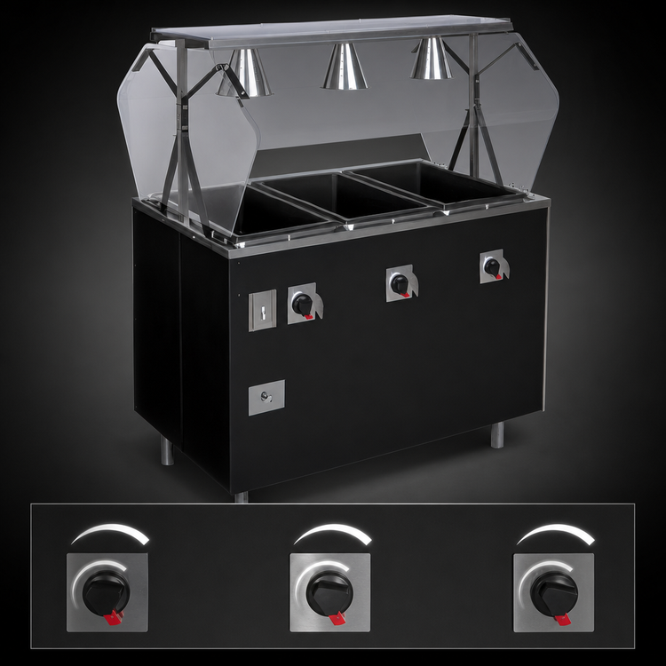 Product image #4 for Vollrath 2-Series Affordable Portable 3-Well Mobile Hot Food Station with Buffet Breath Guard, Enclosed Storage Base, Black