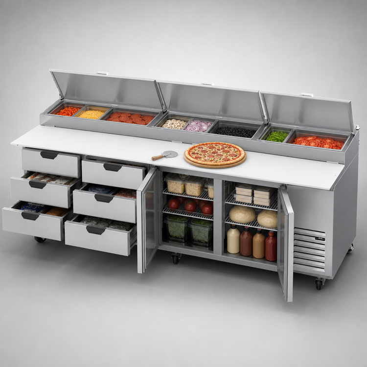 Product image #4 for Beverage-Air DPD119HC-6T Four-Section Pizza Top Refrigerated Counter, 119-Inch Wide, 6 Drawers, 2 Doors