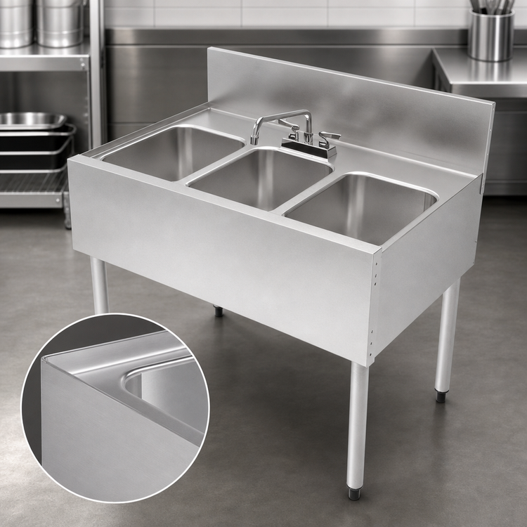 Product image #5 for Top Shelf Three-Compartment Underbar Multi-Tank Sink Unit, 36 x 24 Inches, Stainless Steel, with Backsplash