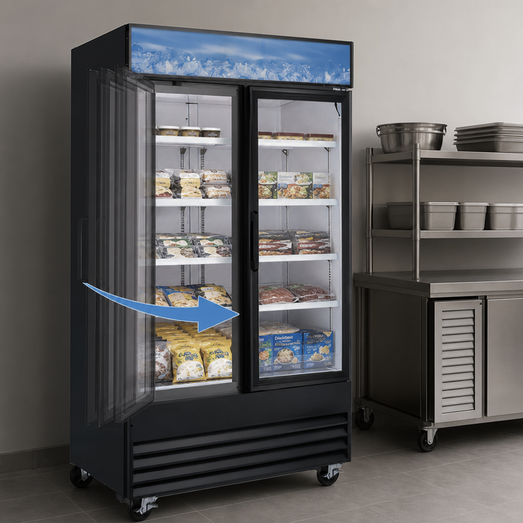 Product image #4 for Omcan Two-Section Reach-In Glass Door Display Freezer, 29 Cu. Ft., Black