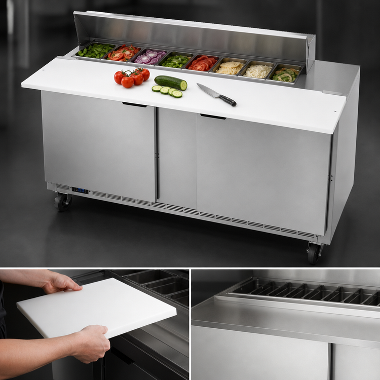Product image #5 for Beverage-Air 60-Inch Two-Section Sandwich Prep Table with 17-Inch Cutting Board and 10-Pan Top
