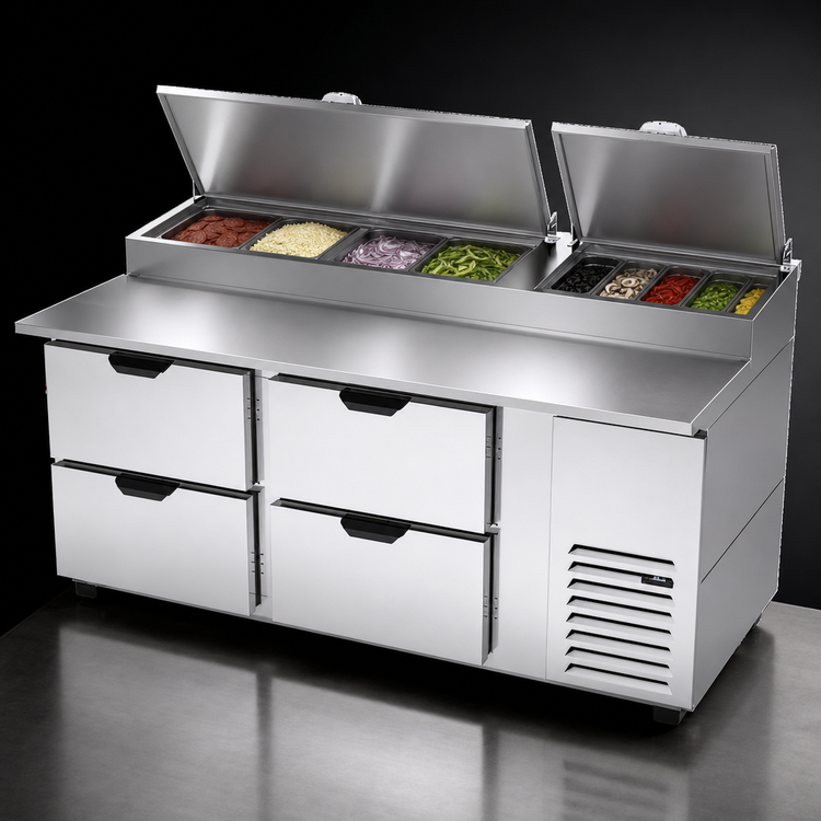 Product image #4 for Beverage-Air DPD72HC-4 Two-Section Refrigerated Deli/Pizza Prep Table with Four Drawers, 72-Inch Top, and 19-Inch Cutting Board