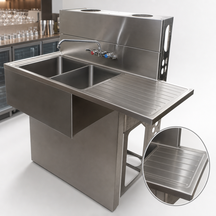 Product image #5 for BK Resources Slim-Line Two-Compartment Stainless Steel Underbar Sink with Right Drainboard, 36" x 18-1/4"