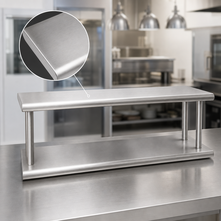 Product image #4 for BK Resources Double Tier Pass Through Shelf, 48 x 24 Inch, 304 Stainless Steel, 8 Inch Max Wall Thickness