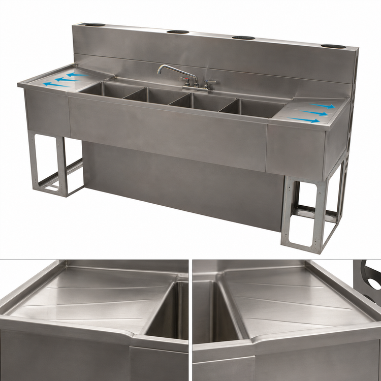 Product image #5 for BK Resources 96-Inch Four-Compartment Stainless Steel Underbar Slimline Sink with Left and Right Drainboards