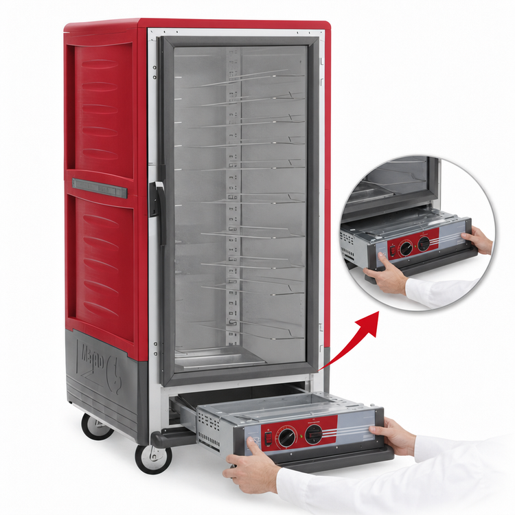 Product image #4 for Metro C5 3 Series Mobile 3/4 Height Heated Holding Cabinet with Clear Door and Universal Wire Slides, Red, 120V