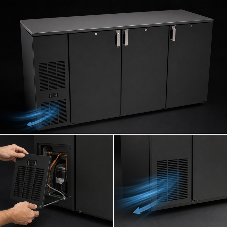 Product image #4 for Glastender C1FB72 One-Zone Front-Serviced Bar Profile Back Bar Cooler, 72 Inch, Three-Section, Self-Contained, Stainless Top, Black Exterior