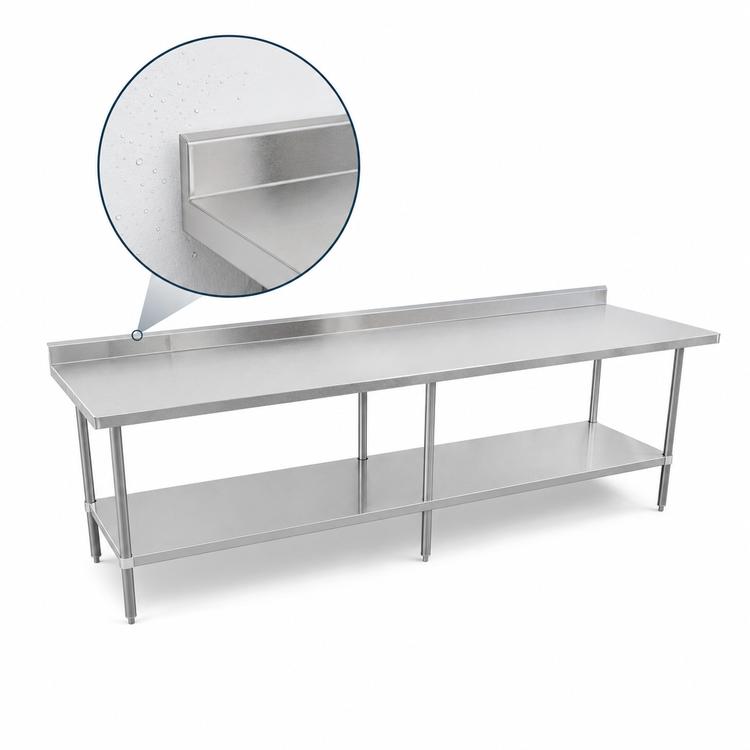 Product image #4 for Sapphire 108-Inch x 30-Inch 16-Gauge Stainless Steel Work Table with 5-Inch Backsplash, Beveled Square Edge, and Adjustable Undershelf