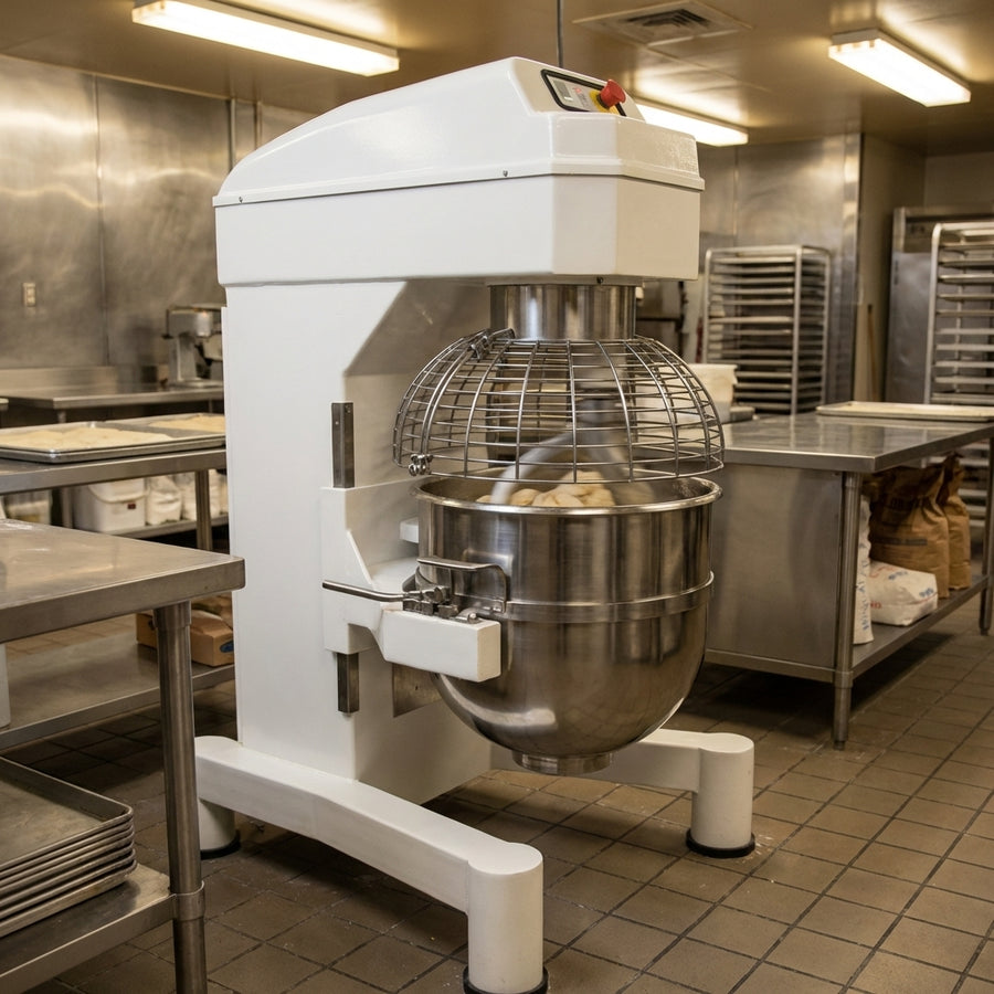 Heavy-duty hinged bowl cage helps protect operators by enclosing the mixing area during use.