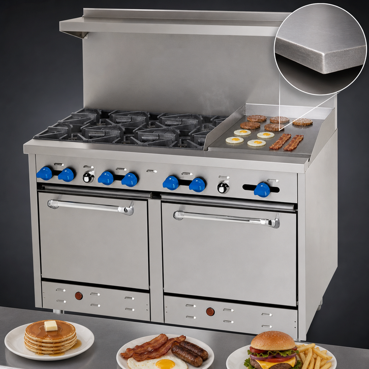 Product image #4 for Comstock-Castle 48-Inch Commercial Gas Range with 6 Open Burners, 12-Inch Griddle and 2 Space-Saver Ovens