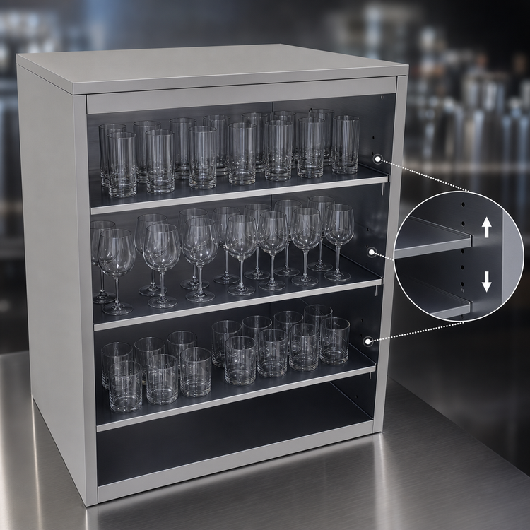 Product image #4 for 30-Inch Open Front Stationary Back Bar Glass Storage Cabinet with 3 Adjustable Stainless Steel Shelves