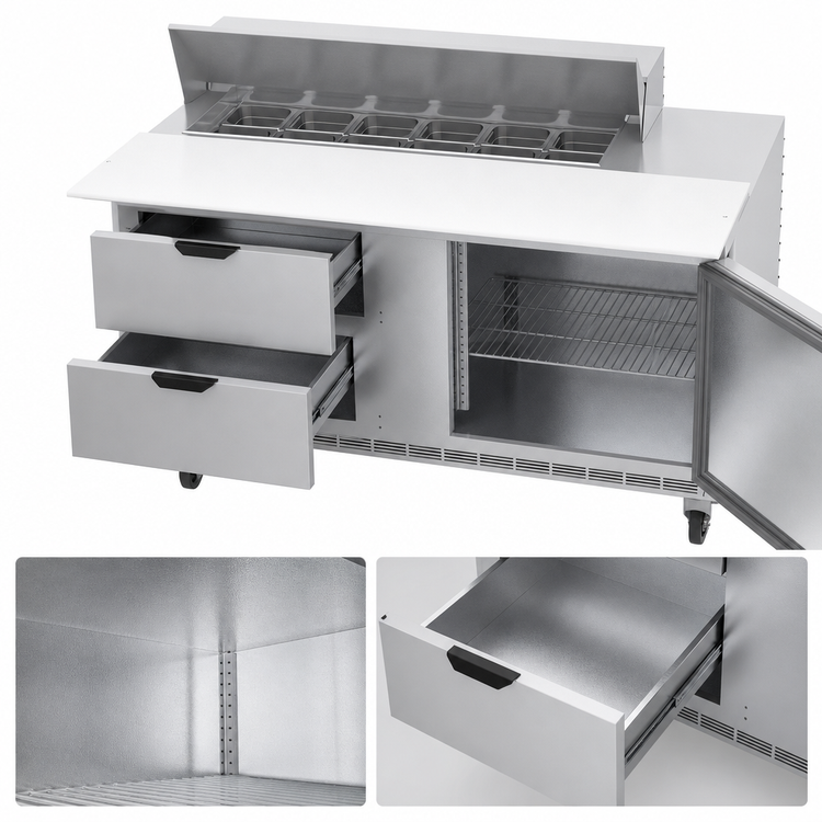 Product image #5 for Beverage-Air SPED60HC-12C-2 60-Inch Two-Section Sandwich Prep Table with 12-Pan Cut Top, 2 Drawers, and 1 Door