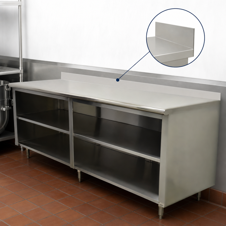 Product image #4 for Advance Tabco Special Value Series Economy 108-Inch x 24-Inch 16-Gauge 304 Stainless Steel Open Base Work Table with 5-Inch Backsplash and Mid Shelf
