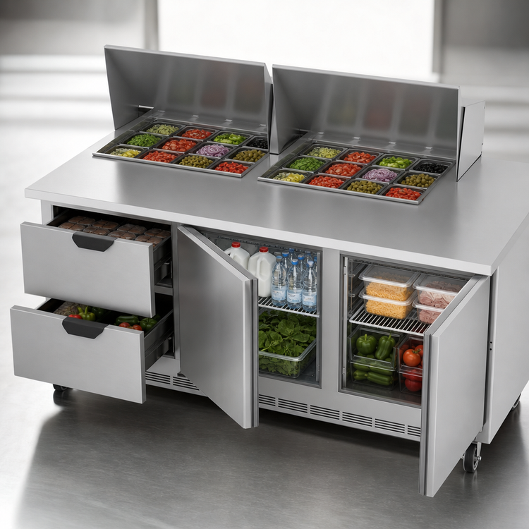 Product image #5 for Beverage-Air 72-Inch Three-Section Mega Top Refrigerated Sandwich Prep Table with 24-Pan Rail, 2 Drawers, and 2 Doors