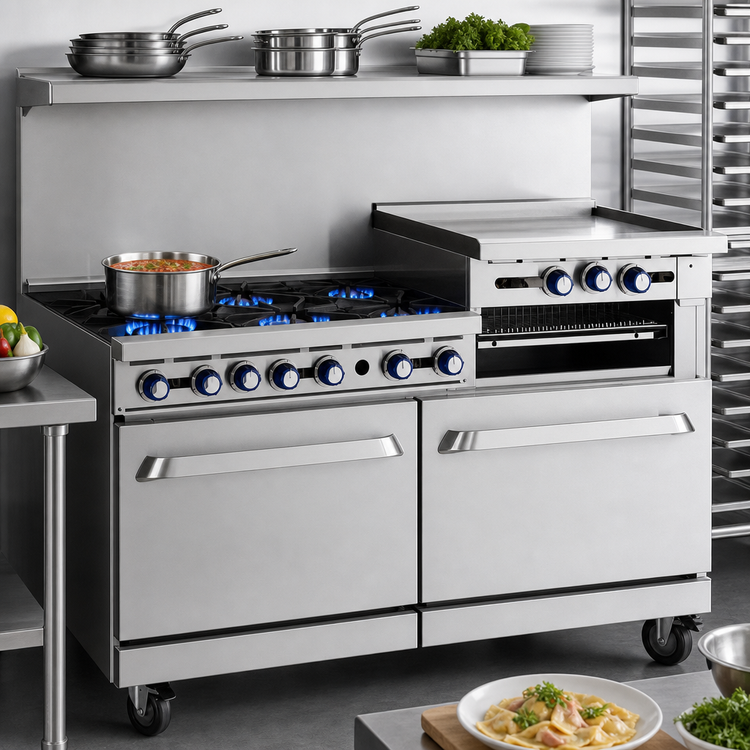 Product image #4 for Imperial Pro Series 60-Inch Commercial Gas Restaurant Range with 4 Open Burners, 36-Inch Griddle, Standard Oven, Open Cabinet and Backriser Hi-Shelf