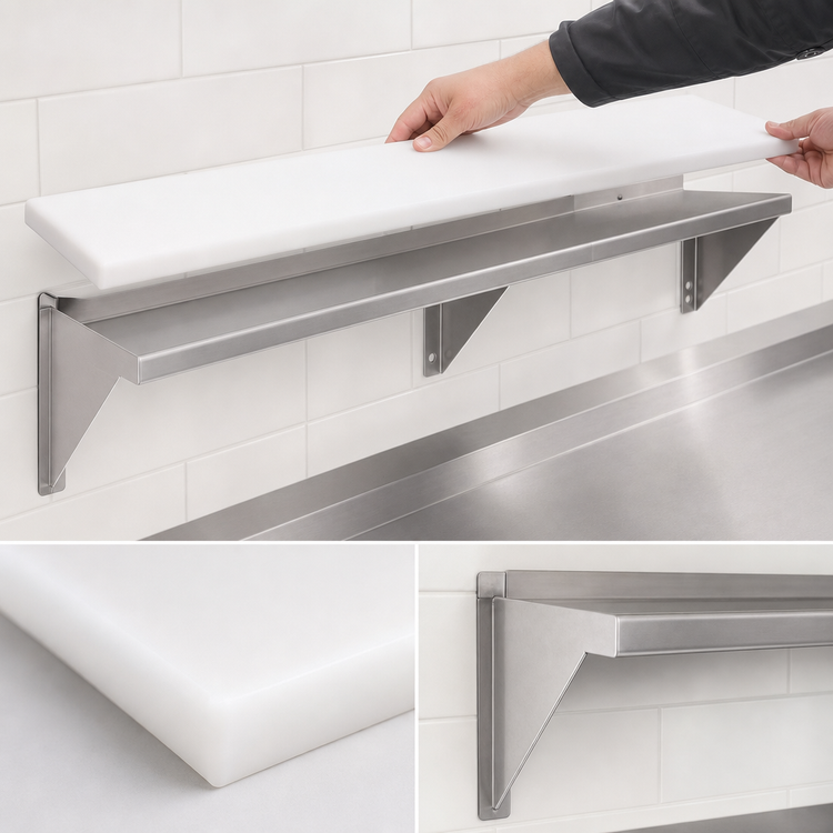 Product image #4 for Advance Tabco Triumph (Supreme) 47-1/8-Inch Stainless Steel Carving Station Shelf with Removable 3/8-Inch White Poly Cutting Board