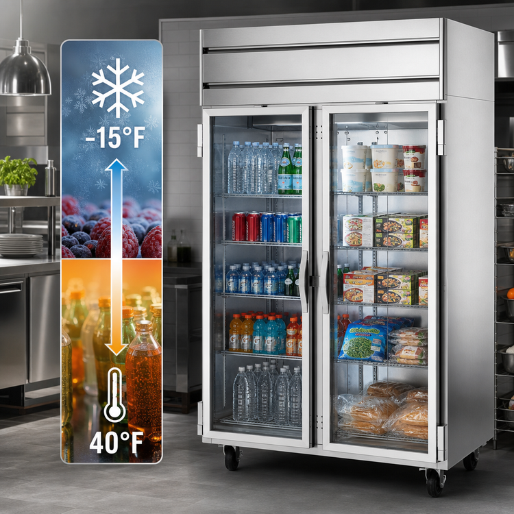 Product image #4 for Beverage-Air Cross Temp® Top-Mounted 2-Section Reach-In Convertible Refrigerator/Freezer with Hinged Glass Doors, 45.2 Cu. Ft.