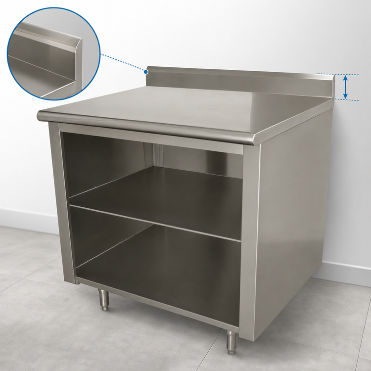 Product image #4 for Advance Tabco 60-Inch x 36-Inch Open Front Cabinet Work Table with Mid-Shelf, 14 Gauge 304 Stainless Steel Top and 5-Inch Backsplash