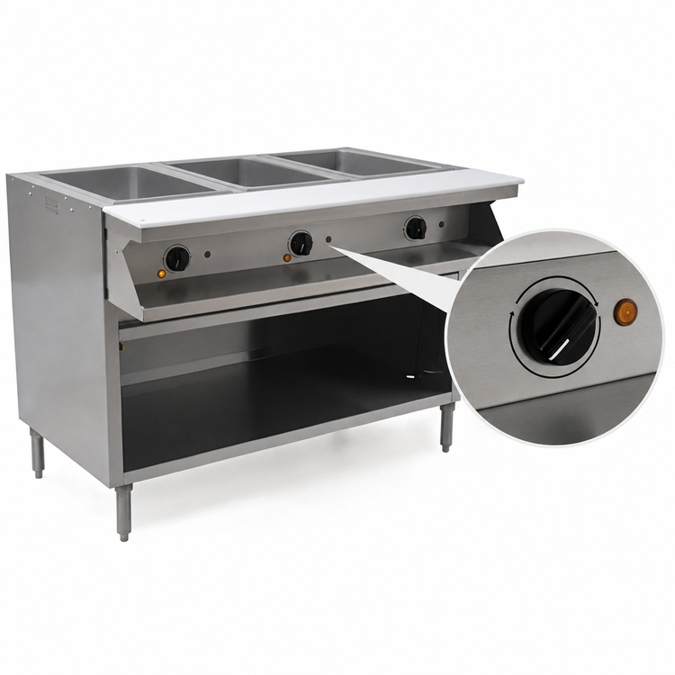 Product image #4 for Spec-Master SHT3CB-208-3 Electric 3-Pan Sealed Well Hot Food Table with Open Cabinet Base