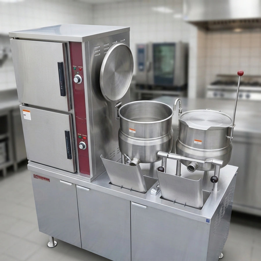 Observe the integrated dual kettle system on this convection steamer, offering both 6-gallon and 10-gallon capacities for diverse cooking demands.