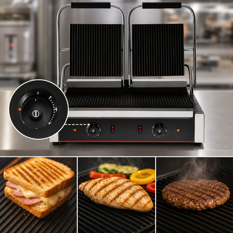 Product image #4 for Serv-Ware EPG-200GG Countertop Double Electric Panini Grill with Grooved Cast Iron Plates