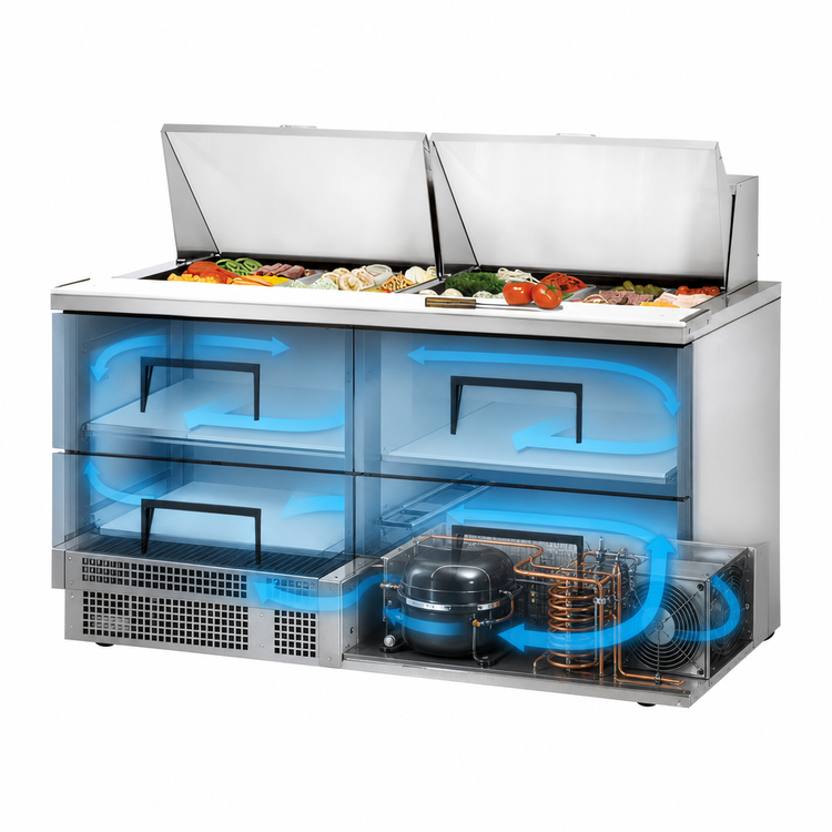 Product image #4 for True 64-Inch Two-Section 4-Drawer Stainless Steel Sandwich/Salad Prep Table with Rear-Mounted Self-Contained Refrigeration