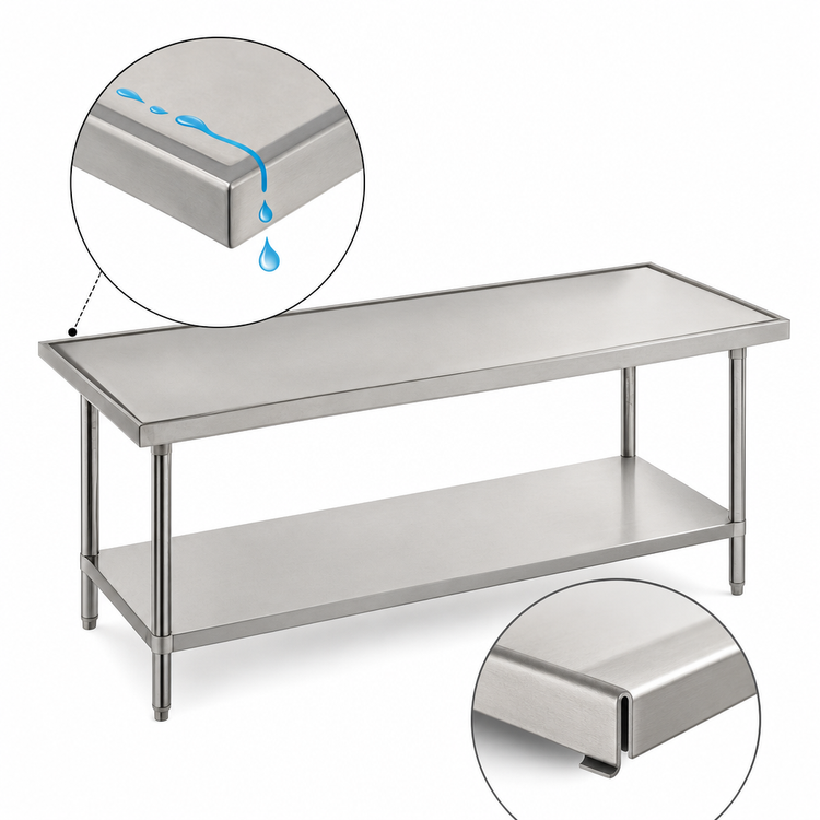 Product image #4 for Advance Tabco 108-Inch x 48-Inch 14-Gauge 304 Stainless Steel Work Table with No-Drip Edge and Galvanized Undershelf