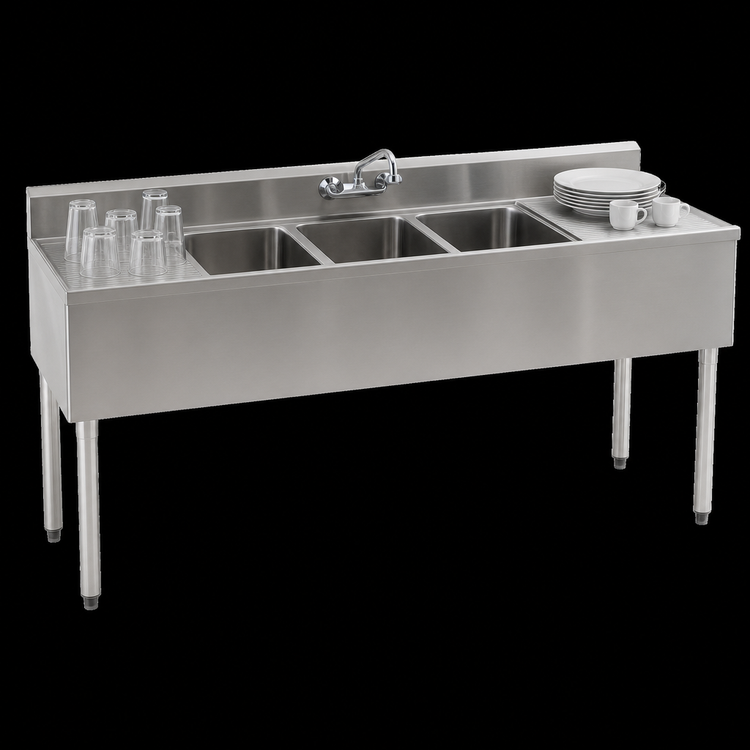 Product image #4 for Eagle Group 1800 Series 72-Inch Three-Compartment Underbar Sink Unit with Dual Drainboards, 304 Stainless Steel
