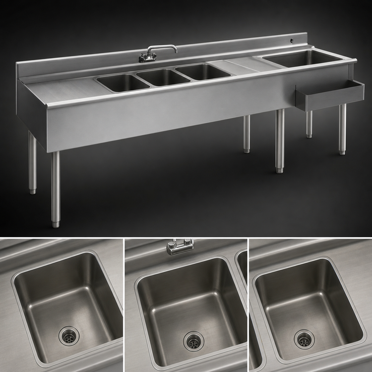 Product image #4 for Eagle Group 2200 Series 96-Inch Underbar Combination Sink Unit with 3 Bowls, Drainboards and Right Ice Bin