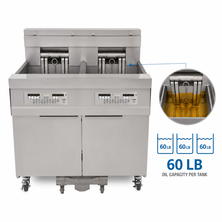 Product image #4 for Frymaster 1814 Oil Conserving Triple Electric Fryer Battery with Built-In Filtration, 3 x 60 lb Tanks