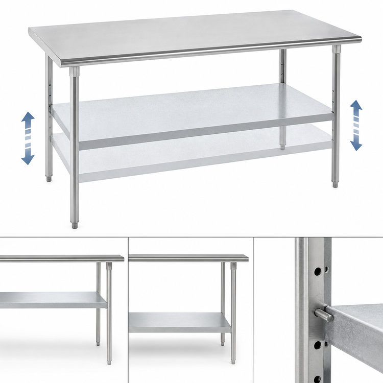 Product image #4 for Advance Tabco 108-Inch x 24-Inch 14-Gauge 304 Stainless Steel Flat Top Work Table with Adjustable Galvanized Undershelf