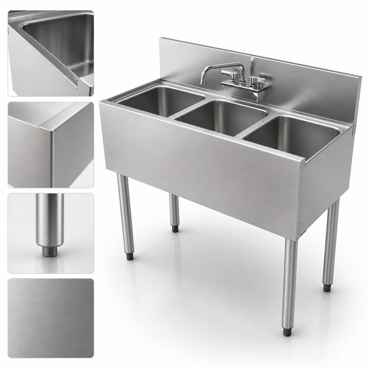Product image #5 for Top Shelf TS Series 36-Inch 3-Compartment Underbar Multi-Tank Sink Unit, 18-Gauge Stainless Steel