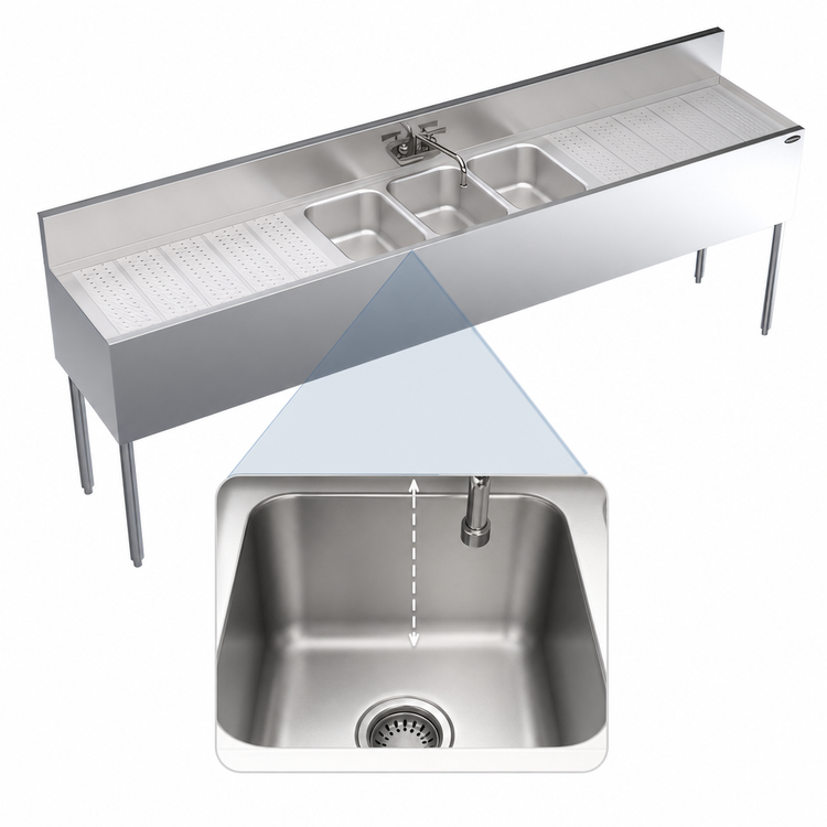 Product image #4 for Krowne Royal Series Three-Compartment Underbar Sink Unit with Dual 30-Inch Drainboards, 96W x 19D