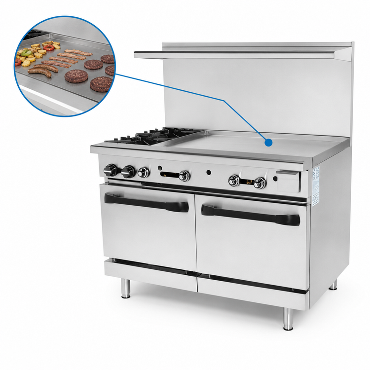 Product image #4 for Turbo Air Radiance 48-Inch Gas Restaurant Range with 2 Open Burners, 36-Inch Right-Side Griddle, and 2 Standard Ovens