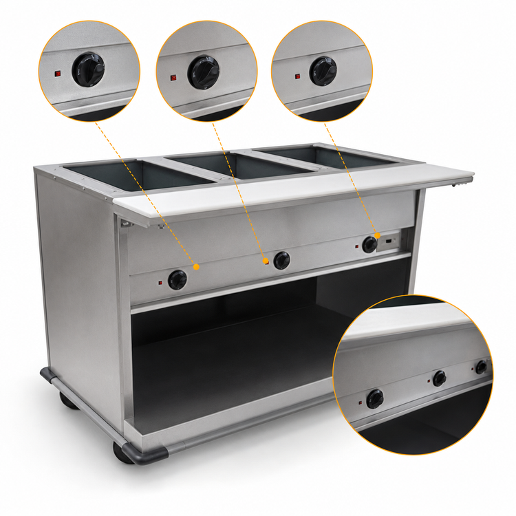Product image #4 for Spec-Master PHT3OB-240-3 Portable Electric 3-Well Hot Food Table with Polyethylene Cutting Board