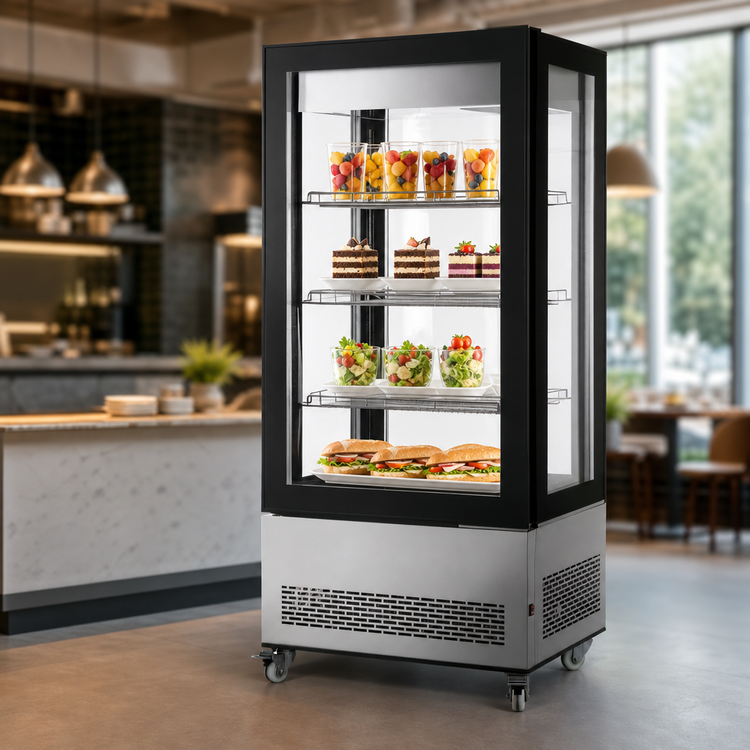 Product image #4 for Omcan USA See-Thru Full-Service Refrigerated Display Case with Glass Door, 19.42 Cu. Ft., Floor Model