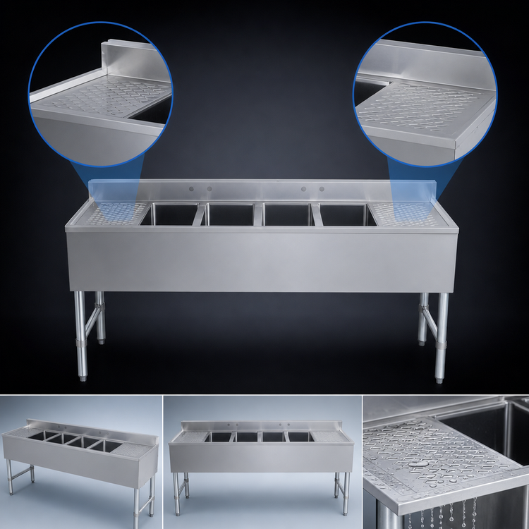 Product image #4 for Sapphire Manufacturing 4-Compartment Stainless Steel Underbar Sink with Left and Right Drainboards, 72 Inch Wide