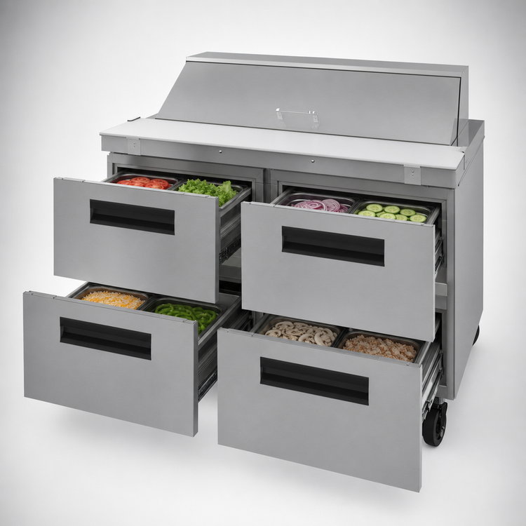 Product image #4 for Hoshizaki Steelheart 48-Inch Two-Section Sandwich Top Prep Refrigerator with 4 Drawers and 12-Pan Capacity