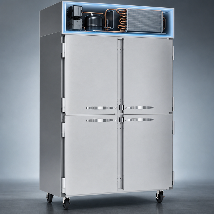 Product image #4 for Beverage-Air Horizon Series Two-Section Reach-In Refrigerator with 4 Half Solid Doors, Top-Mount Self-Contained, 46.88 Cu. Ft.