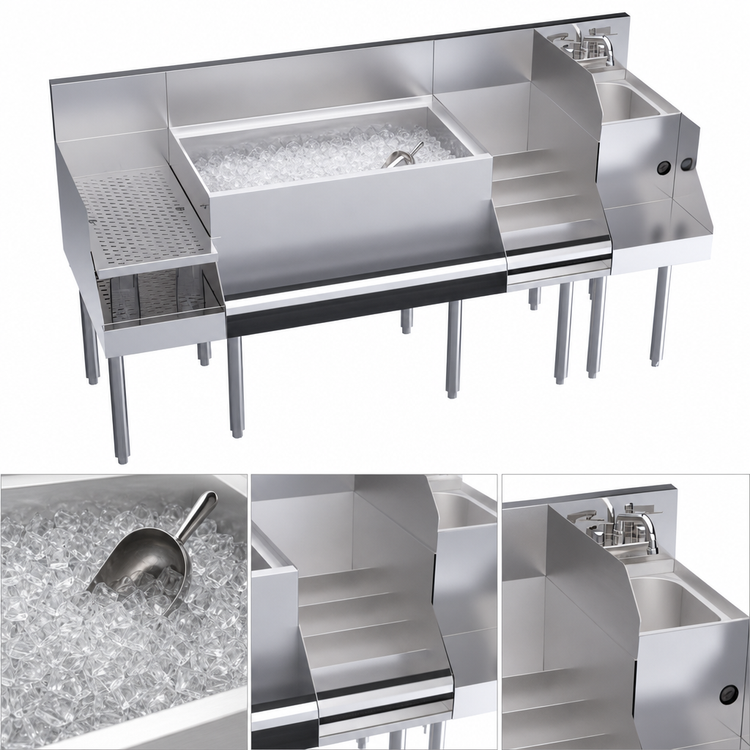 Product image #5 for Krowne Royal Series 66-Inch Underbar Ice Bin/Cocktail Station with Blender Dump Sink, Liquor Display, Drainboard, and 10-Circuit Cold Plate