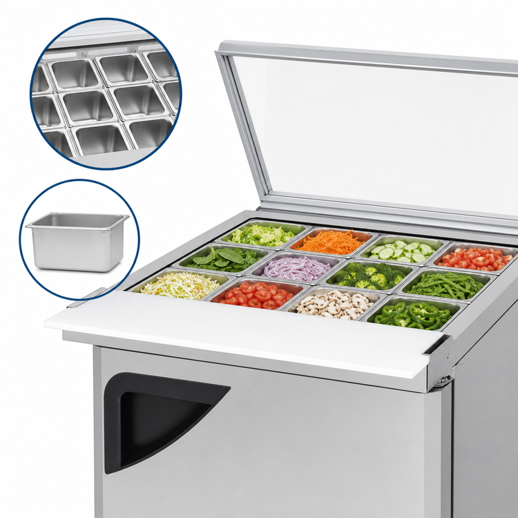 Product image #4 for Turbo Air Super Deluxe 28-Inch One-Section Mega Top Sandwich/Salad Prep Table with Glass Lid, 12-Pan