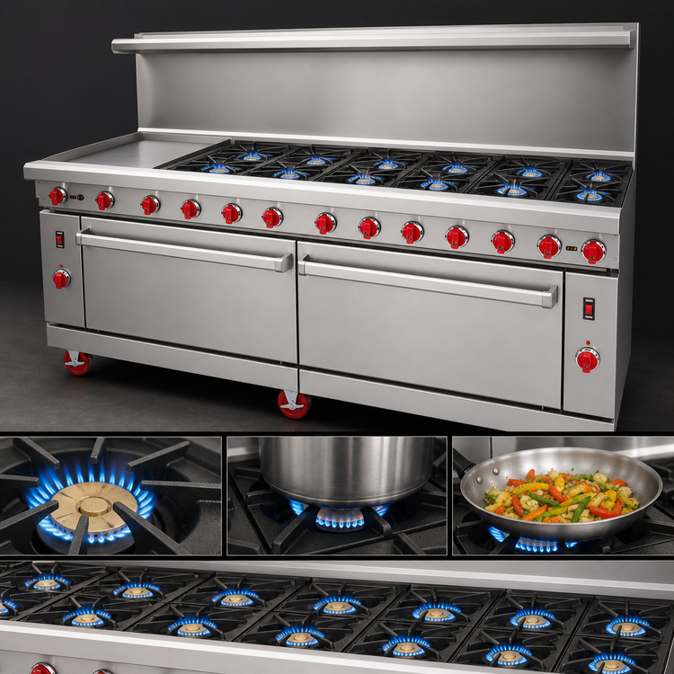 Product image #4 for American Range 72-Inch Commercial Gas Range with 24-Inch Left Griddle, 8 Open Burners, and 2 Convection Ovens
