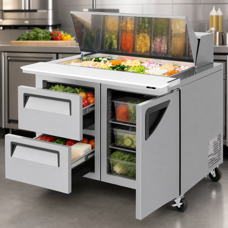 Product image #4 for Turbo Air Super Deluxe Two-Section Sandwich/Salad Mega Top Prep Table with 18-Pan Opening, 2 Drawers and 1 Door